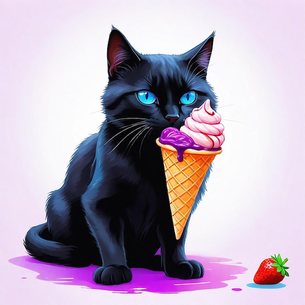 a drawing of a black cat with blue eyes and a strawberry