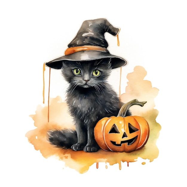 A drawing of a black cat with a pumpkin on it