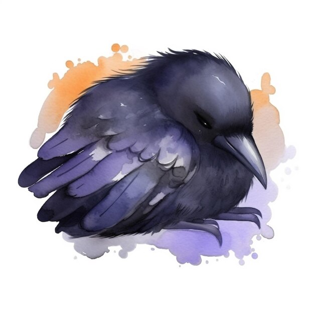 A drawing of a black crow with a blue background and the word crow on it.