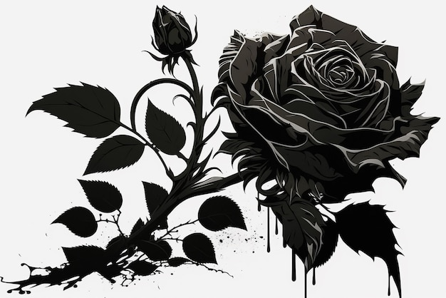 白い背景に黒いバラの描画