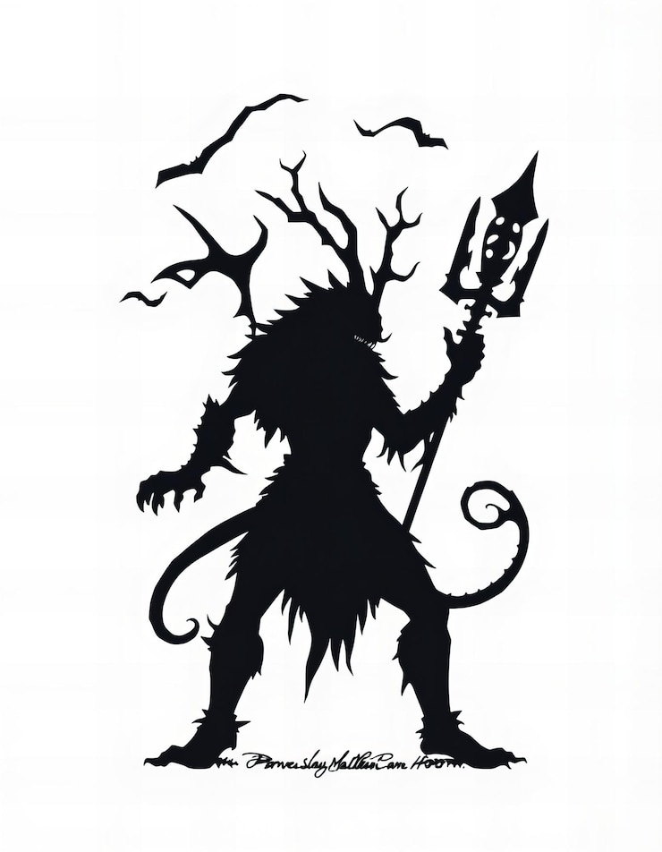 फोटो a drawing of a black silhouette of a devil with a sword