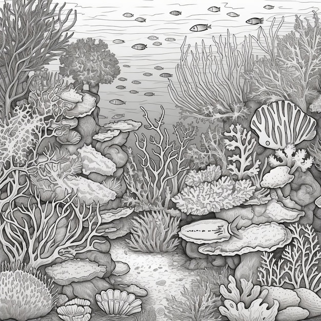 A drawing of a black and white image of a coral reef generative ai