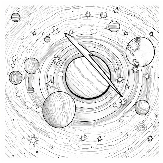 Photo a drawing of a black and white picture of planets and a star generative ai