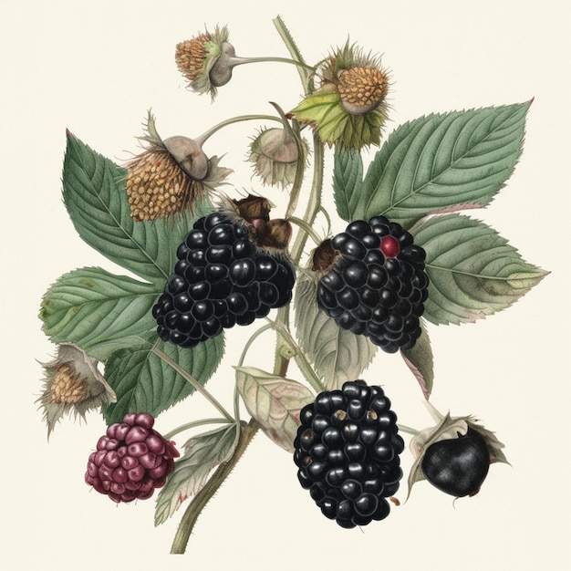 A drawing of blackberries and a yellow flower.