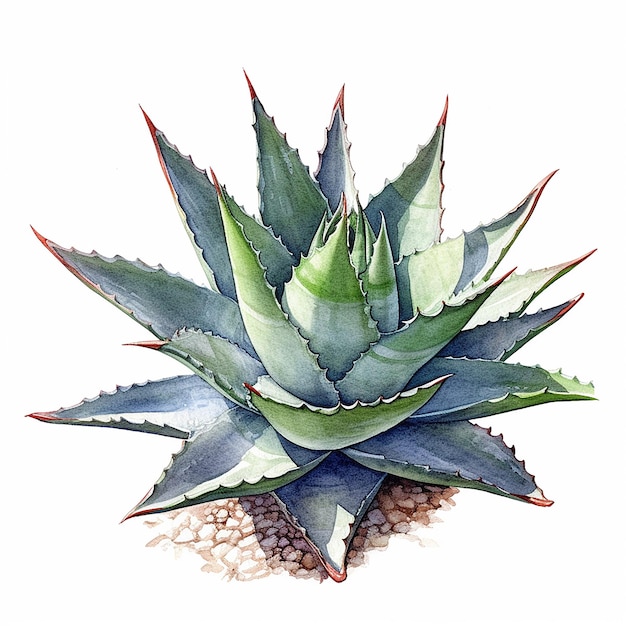 A drawing of a blue agave plant with green leaves and red stripes.