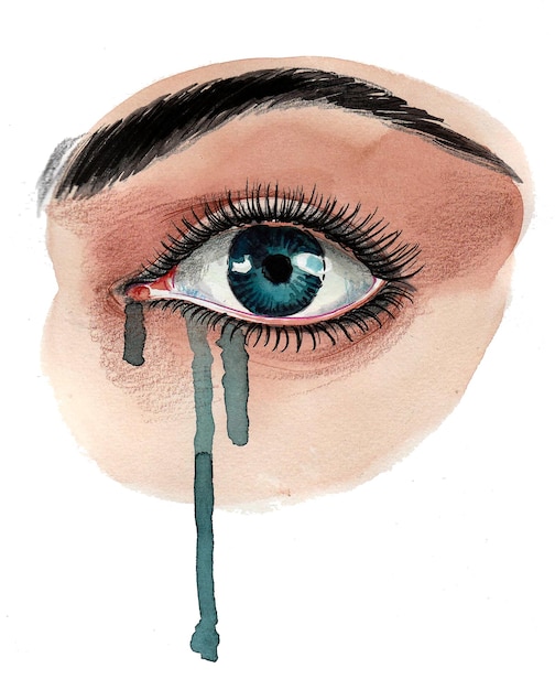 A drawing of a blue eye with the word tears on it