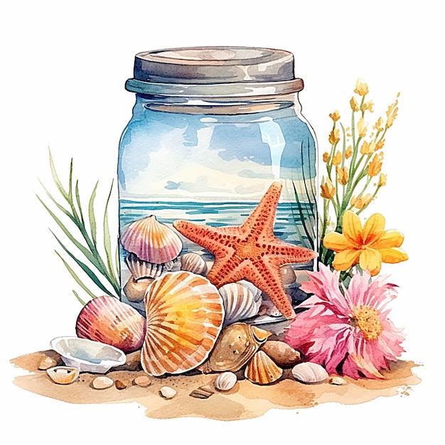 A drawing of a blue jar with a starfish and flowers.