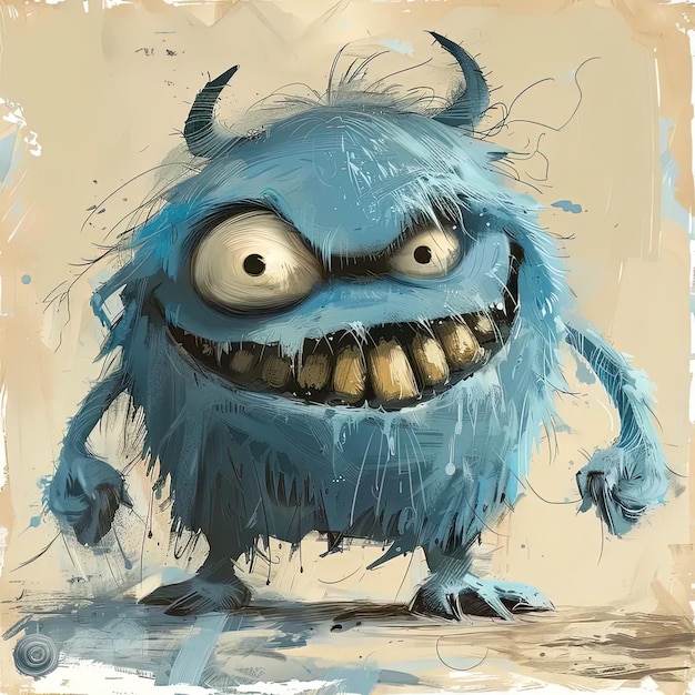 A drawing of a blue monster with big eyes