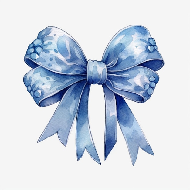 Photo a drawing of a blue ribbon with white flowers and a bow.