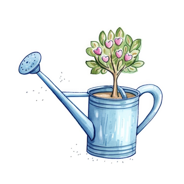 Photo a drawing of a blue watering can with a plant growing out of it