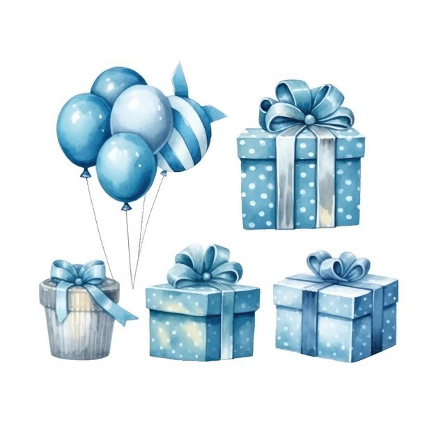 A drawing of blue and white gift boxes with blue ribbon and bow.