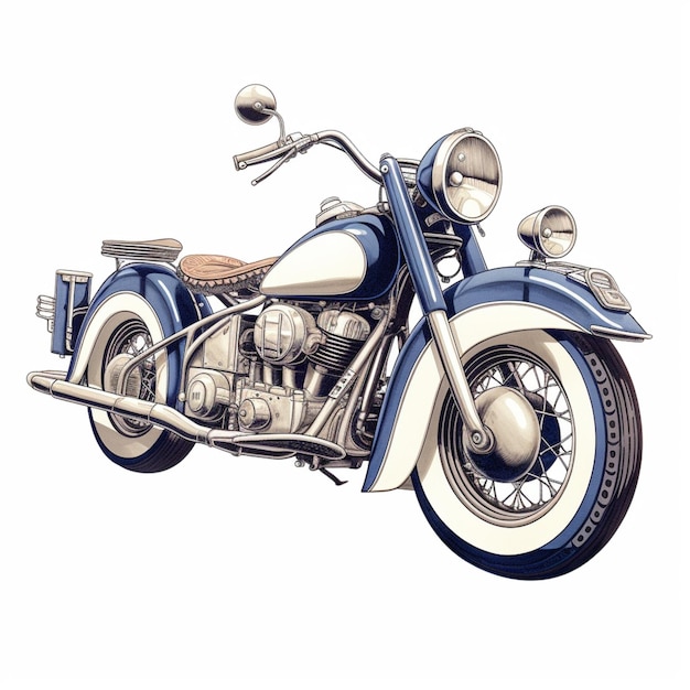 Drawing of a blue and white motorcycle with a brown seat generative ai