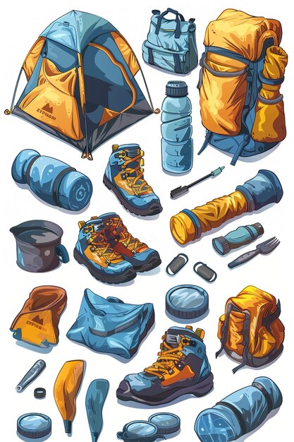 Photo a drawing of a blue and yellow backpack and boots