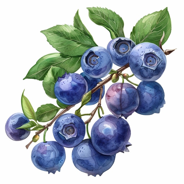 a drawing of blueberries with leaves and leaves