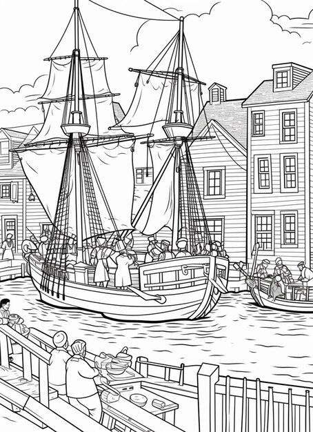 a drawing of a boat in a harbor with people on it generative ai