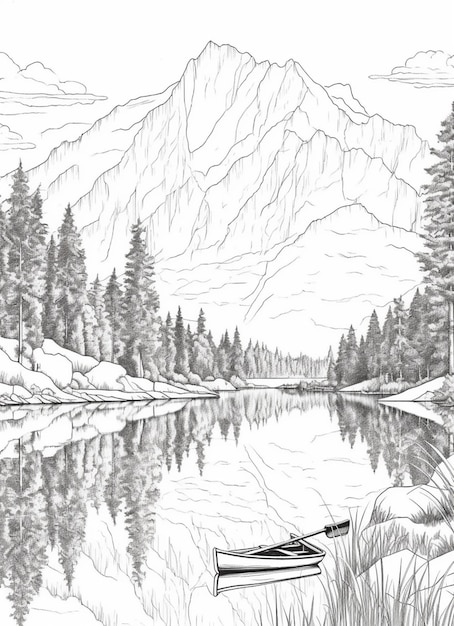 a drawing of a boat on a lake with mountains in the background generative ai