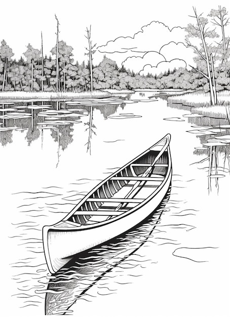 a drawing of a boat on a lake with trees in the background generative ai