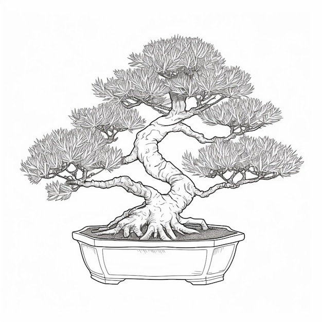 a drawing of a bonsai tree in a pot on a table generative ai