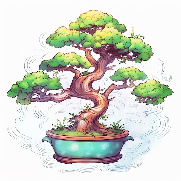 A drawing of a bonsai tree in a pot with a green tree in the middle.