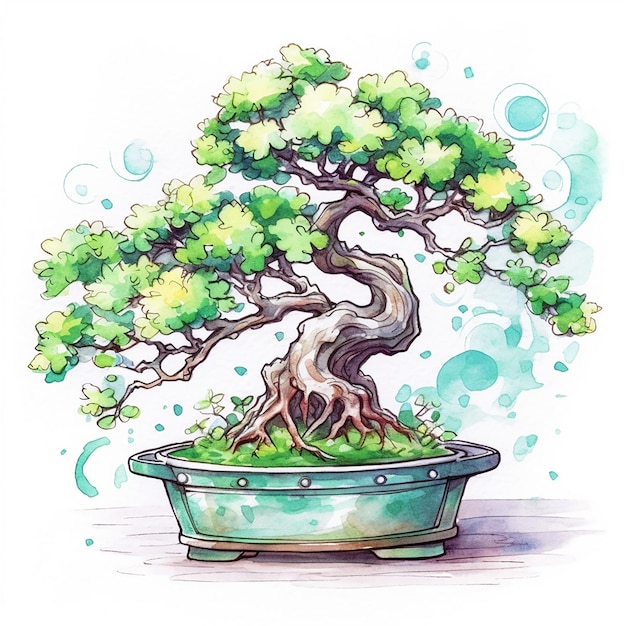 A drawing of a bonsai tree in a pot