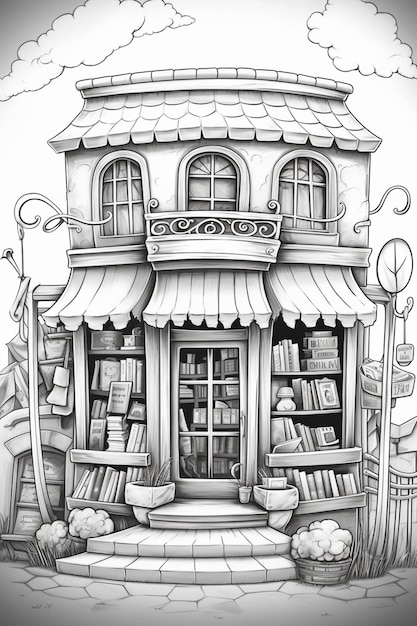 a drawing of a book store with a lot of books on the shelves generative ai