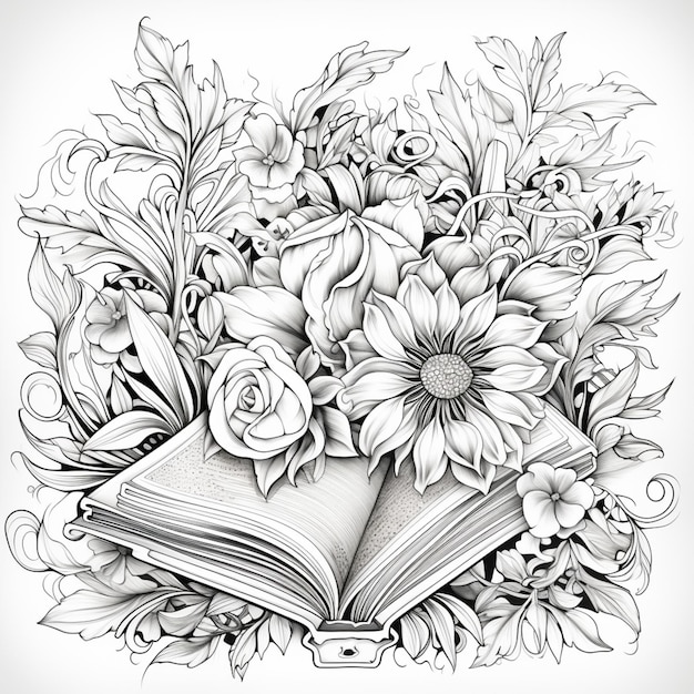 Foto un disegno di un libro con fiori e foglie generative ai