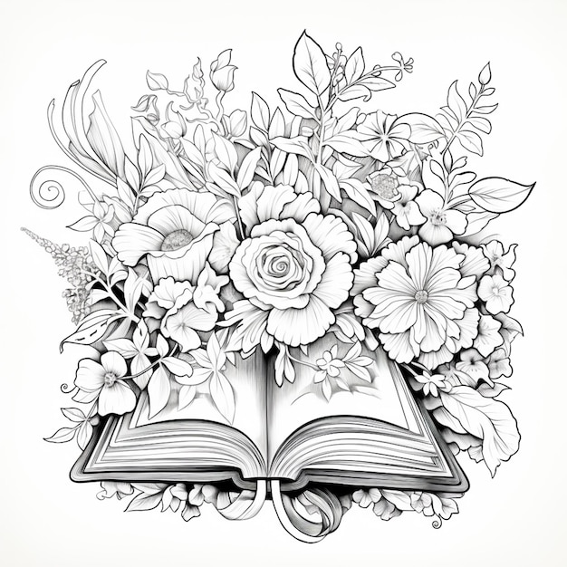 Foto disegno di un libro con fiori e foglie ai generativa