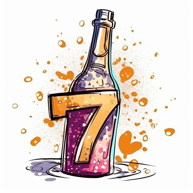 a drawing of a bottle of 7 with a number 7 on it