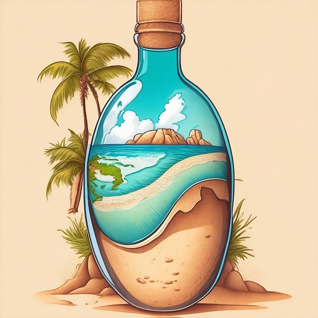 A drawing of a bottle of a beach with palm trees in the background