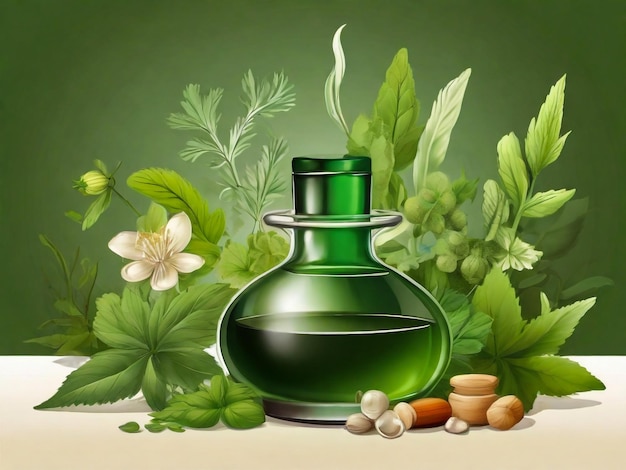 рисунок бутылки оливкового масла и куча других растений