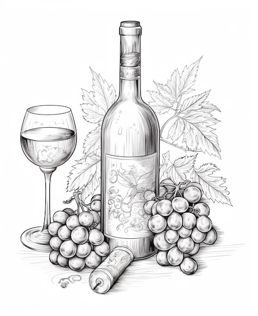 Foto un disegno di una bottiglia di vino e un bicchiere di vino generativo ai