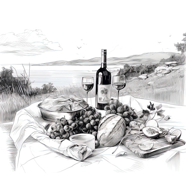 Photo a drawing of a bottle of wine and a plate of grapes