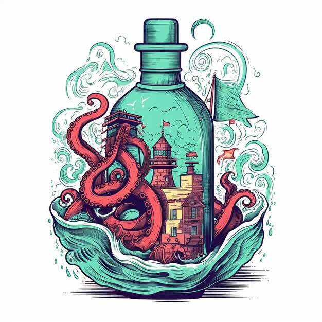 a drawing of a bottle with a boat and a house on it