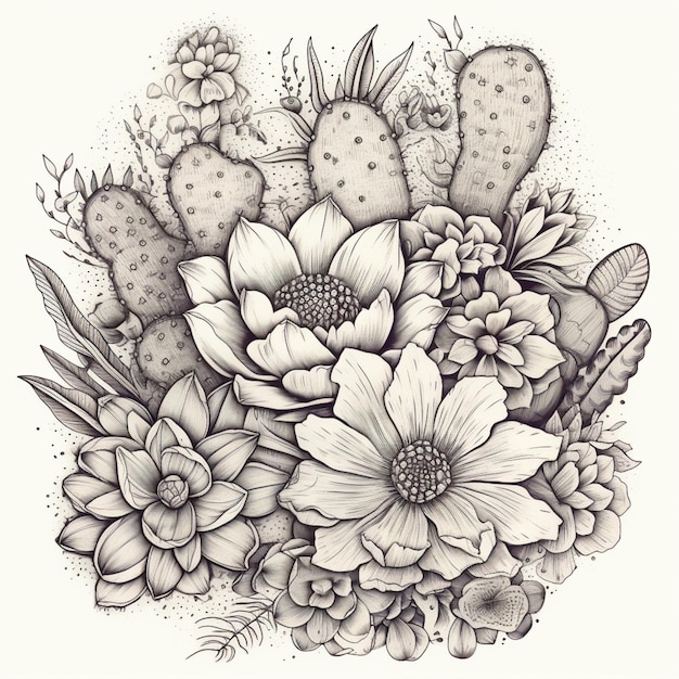 Photo a drawing of a bouquet of flowers with cactus and other plants generative ai