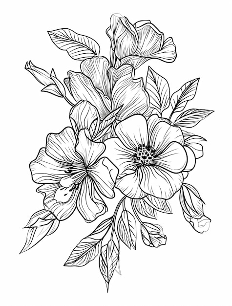 a drawing of a bouquet of flowers with leaves and flowers generative ai