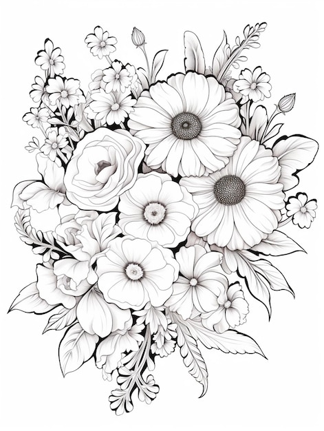 рисунок букета цветов с листьями и цветами генеративный ai