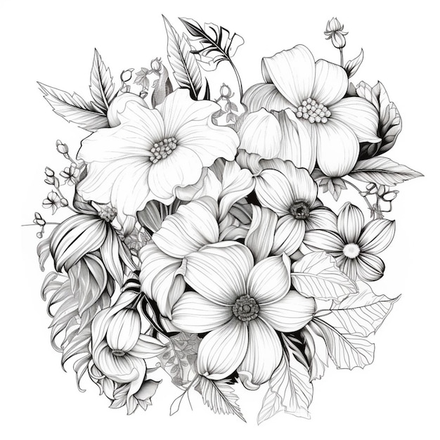 a drawing of a bouquet of flowers with leaves and flowers generative ai