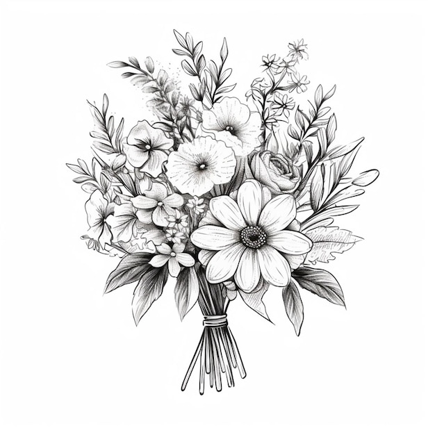 a drawing of a bouquet of flowers with leaves and flowers generative ai