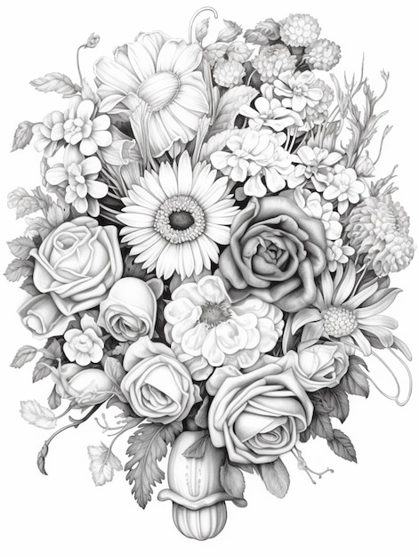 Photo a drawing of a bouquet of flowers with a vase of flowers generative ai