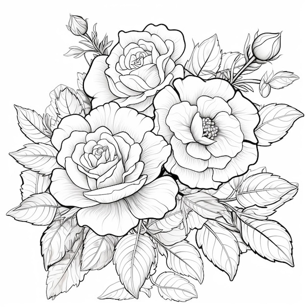 a drawing of a bouquet of roses with leaves and flowers generative ai