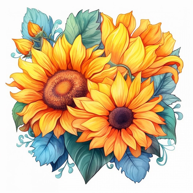 A drawing of a bouquet of sunflowers with leaves and water drops.