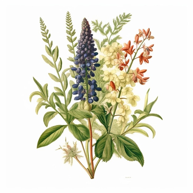 A drawing bouquet wild flowers and lupine botanical illustration