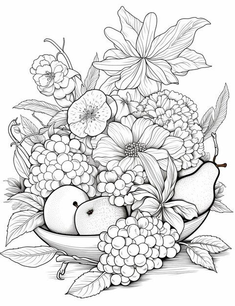 рисунок миски с фруктами и цветами с листьями