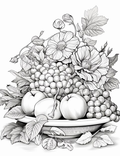 a drawing of a bowl of fruit with leaves and flowers generative ai