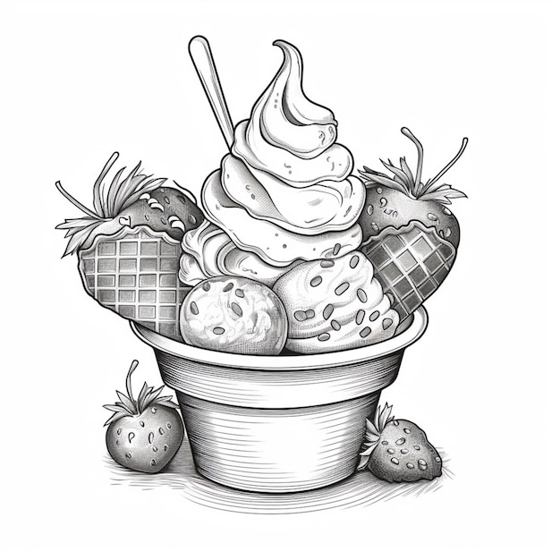 A drawing of a bowl of ice cream with strawberries and chocolate generative ai