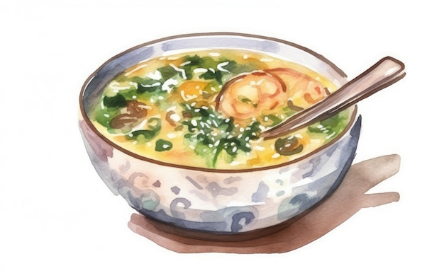 A drawing of a bowl of soup with a spoon