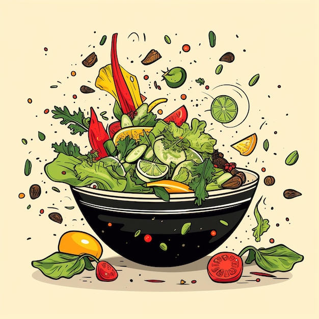 Photo a drawing of a bowl of vegetables and fruits