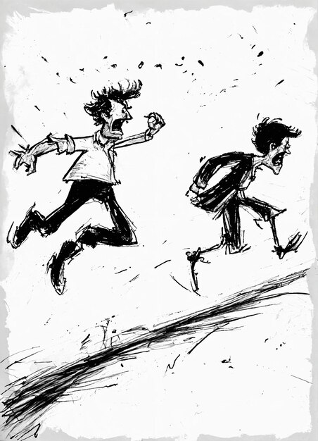 Photo a drawing of a boy and a boy running in the street