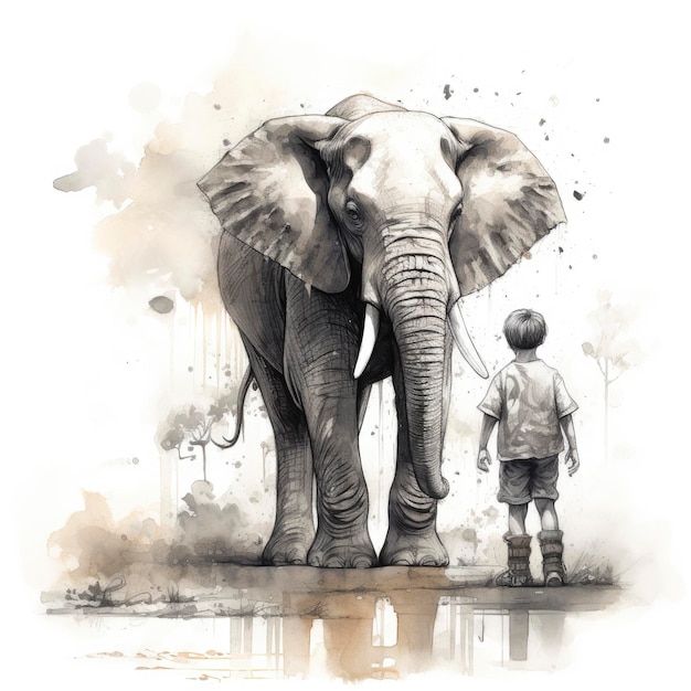 A drawing of a boy and an elephant