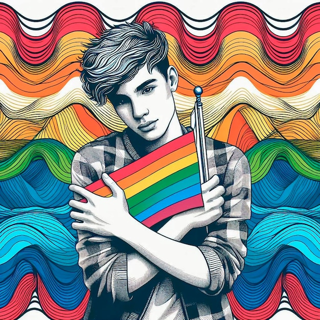a drawing of a boy holding a rainbow flag
